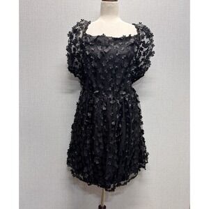 Forever 21 Black Babydoll Mini Dress Goth Fairycore 3D Floral Appliqué Sz. 3X